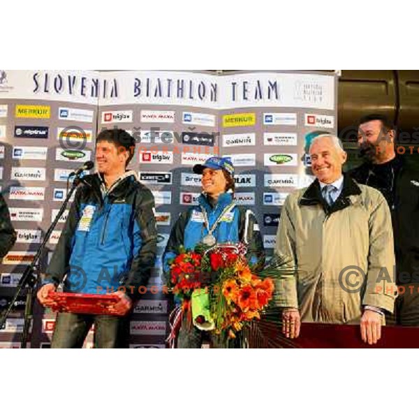 Janez Maric, Teja Gregorin , Peter Zupan at reception at Brnik Airport 23.2.2009 after she won silver medal at World Biathlon Championships in South Korea 