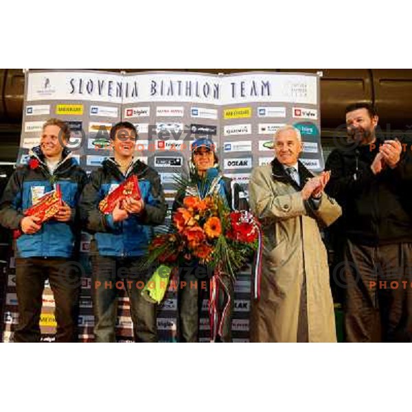 Klemen Bauer, Janez Maric, Teja Gregorin, Peter Zupan at reception at Brnik Airport 23.2.2009 after she won silver medal at World Biathlon Championships in South Korea 
