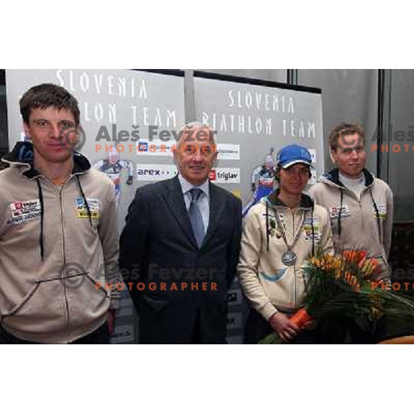 Janez Maric,Peter Zupan,Teja Gregorin, Klemen Bauer at reception at Brnik Airport 23.2.2009 after Teja Gregorin won silver medal at World Biathlon Championships in South Korea 