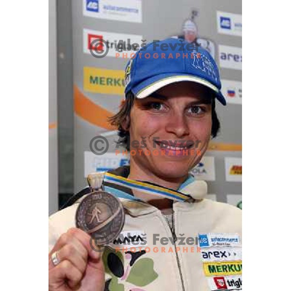 Teja Gregorin at reception at Brnik Airport 23.2.2009 after she won silver medal at World Biathlon Championships in South Korea 