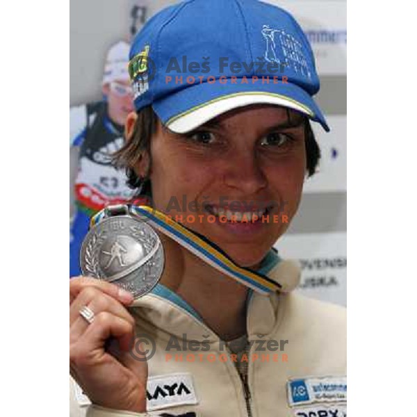 Teja Gregorin at reception at Brnik Airport 23.2.2009 after she won silver medal at World Biathlon Championships in South Korea 
