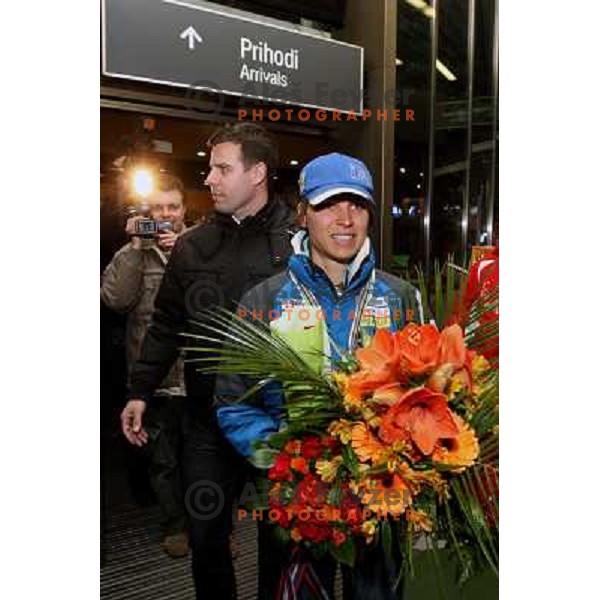 Teja Gregorin at reception at Brnik Airport 23.2.2009 after she won silver medal at World Biathlon Championships in South Korea 