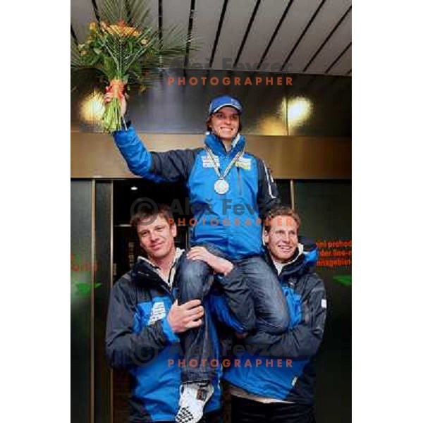 Teja Gregorin at reception at Brnik Airport 23.2.2009 after she won silver medal at World Biathlon Championships in South Korea 