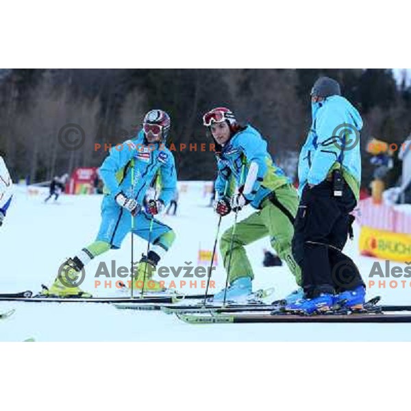 Mravlja and Kuerner (SLO) before first run of giant slalom in Kranjska gora,Slovenia on 28.2.2009- Audi FIS World Cup race 