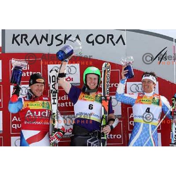 Dider Cuche (SUI) second placed,Ted Ligety (USA) winner of giant slalom in Kranjska gora,Slovenia on 28.2.2009- Audi FIS World Cup race and Max Blardone (ITA) who took third place 
