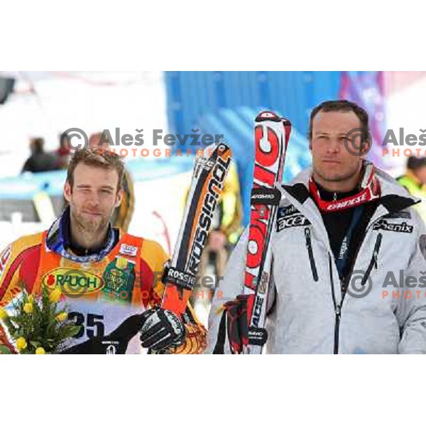 Jean-Phillipe Roy ( CAN) and Axel Lund Svindal (NOR) at giant slalom in Kranjska gora,Slovenia on 28.2.2009- Audi FIS World Cup race 