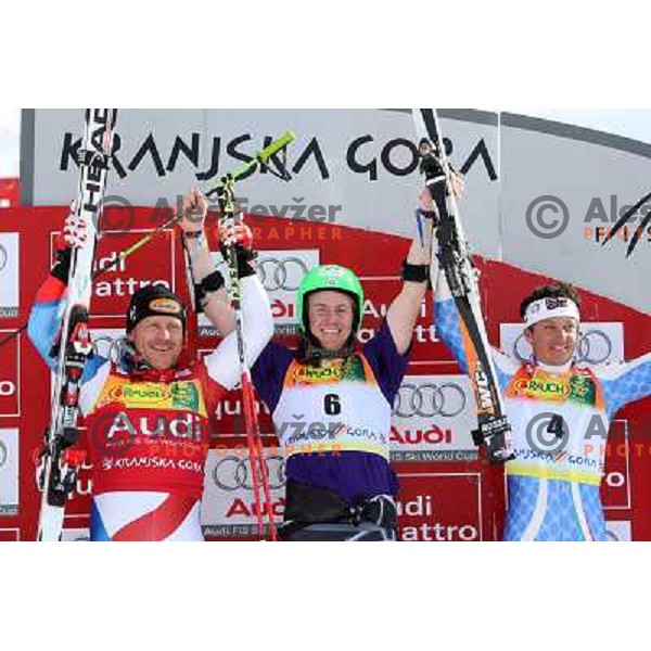 Dider Cuche (SUI) second placed,Ted Ligety (USA) winner of giant slalom in Kranjska gora,Slovenia on 28.2.2009- Audi FIS World Cup race and Max Blardone (ITA) who took third place 