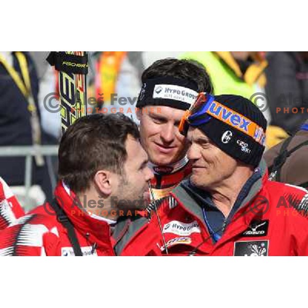 Vedran Pavlek, Ivica Kostelic, Ante Kostelic after second run of giant slalom in Kranjska gora,Slovenia on 28.2.2009- Audi FIS World Cup race 
