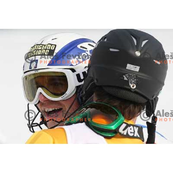 Felix Neureuther (GER) third placed gives a hug to Giuliano Razzoli after Audi FIS World Cup Slalom,Pokal Vitranc, Kranjska gora, Slovenia 1.03.2009 