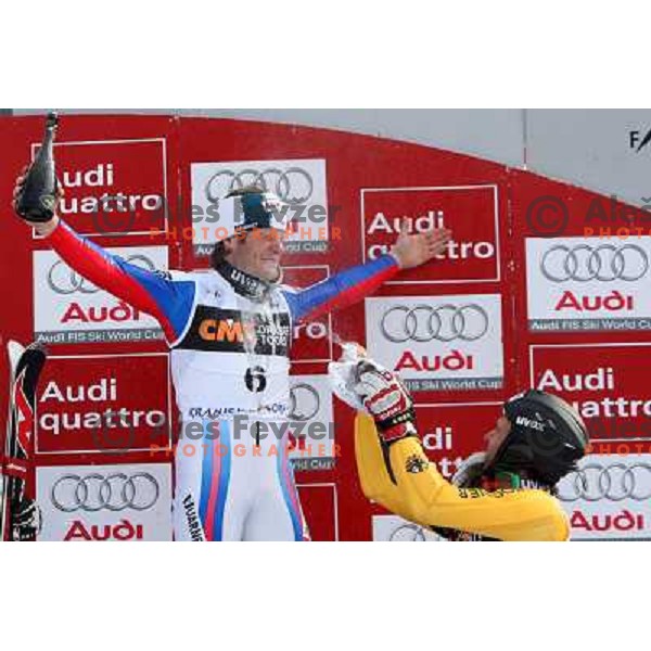Julien Lizeroux (FRA) gets champagne spray from Felix Neureuther (GER) after Audi FIS World Cup Slalom,Pokal Vitranc, Kranjska gora, Slovenia 28.2.2009 