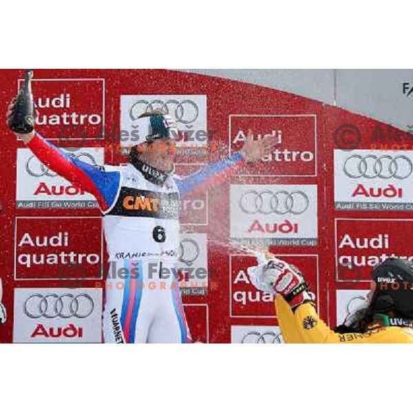 Julien Lizeroux (FRA) gets champagne spray from Felix Neureuther (GER) after Audi FIS World Cup Slalom,Pokal Vitranc, Kranjska gora, Slovenia 28.2.2009 