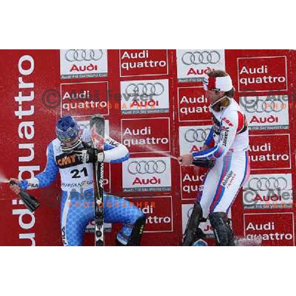 Julien Lizeroux (FRA) gives champagne spray to GiulianoRazzoli (ITA) after Audi FIS World Cup Slalom,Pokal Vitranc, Kranjska gora, Slovenia 28.2.2009 