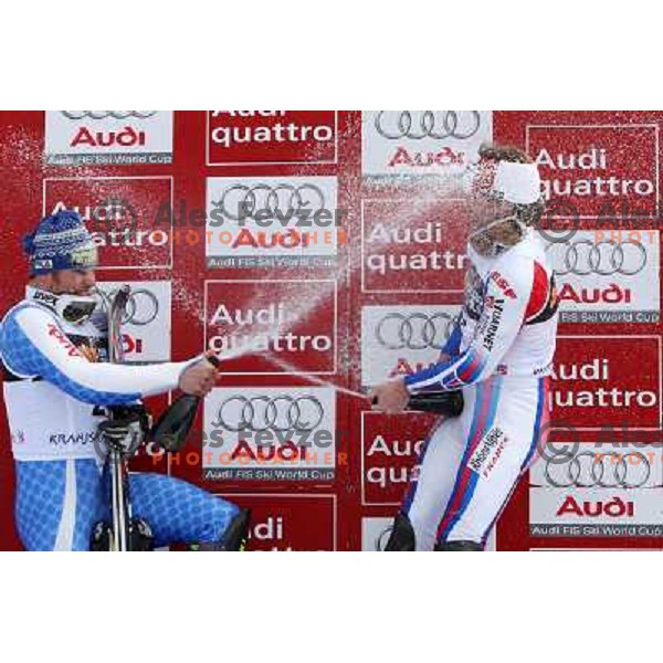 Julien Lizeroux (FRA) gives champagne spray to GiulianoRazzoli (ITA) after Audi FIS World Cup Slalom,Pokal Vitranc, Kranjska gora, Slovenia 28.2.2009 