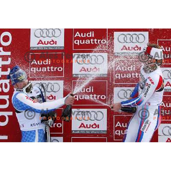 Julien Lizeroux (FRA) gives champagne spray to Giuliano Razzoli (ITA) after Audi FIS World Cup Slalom,Pokal Vitranc, Kranjska gora, Slovenia 28.2.2009 