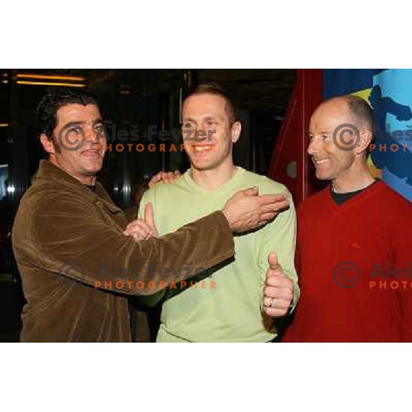 Alberto Tomba, Jure Kosir and Ingemar Stenmark at HIT Ski Legends Race draw of starting numbers and party in Kranjska gora, Slovenia on March 24, 2006