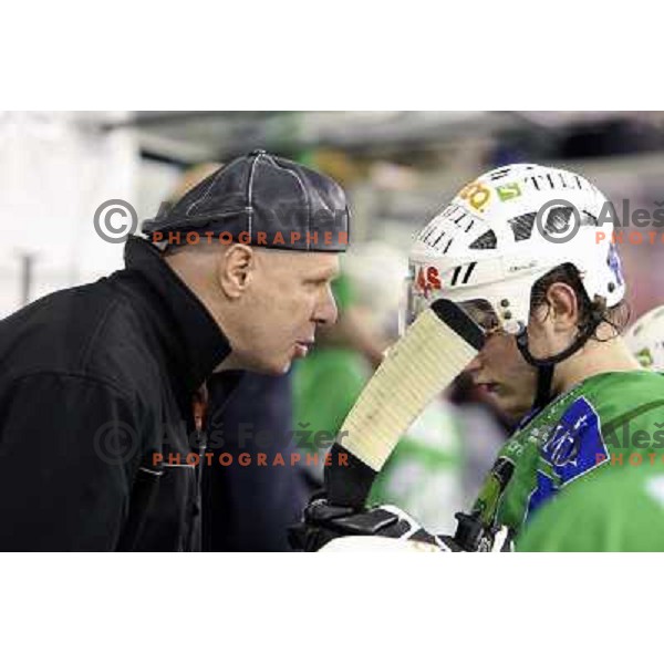 Bojan Zajc, head coach of Tilia Olimpija talks to Berlisk during third game of Playoff between Tilia Olimpija abd Acroni Jesenice, played in Hala Tivoli, Ljubljana, Slovenia 20.3.2009 