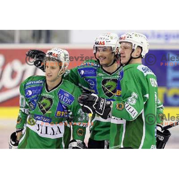 Miljus, Cvetek, Groznik at ice hockey match Tilia Olimpija- Acroni Jesenice in fourth game of playoff, played in Hala Tivoli, Ljubljana 23.3.2009. Acroni Jesenice won 2:1 and became Slovenian National ice hockey champions 