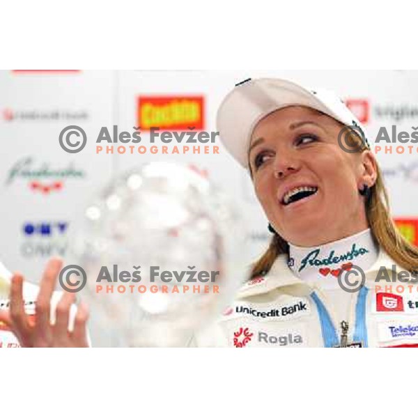  Petra Majdic with World cup medals and trophy at post- season press conference in Ljubljana 24.3.2009 