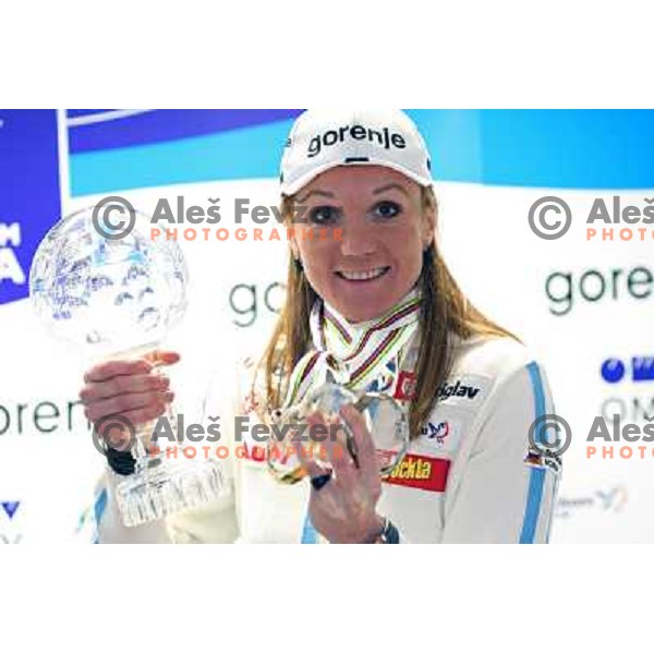 Petra Majdic with World cup medals and trophy at post- season press conference in Ljubljana 24.3.2009 