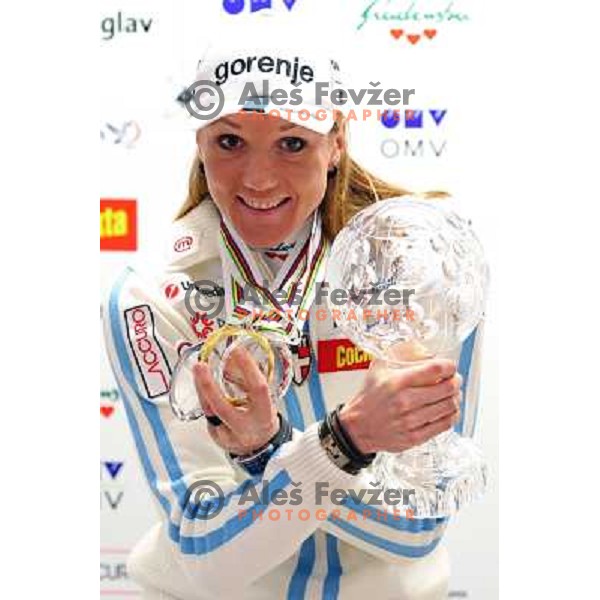  Petra Majdic with World cup medals and trophy at post- season press conference in Ljubljana 24.3.2009 