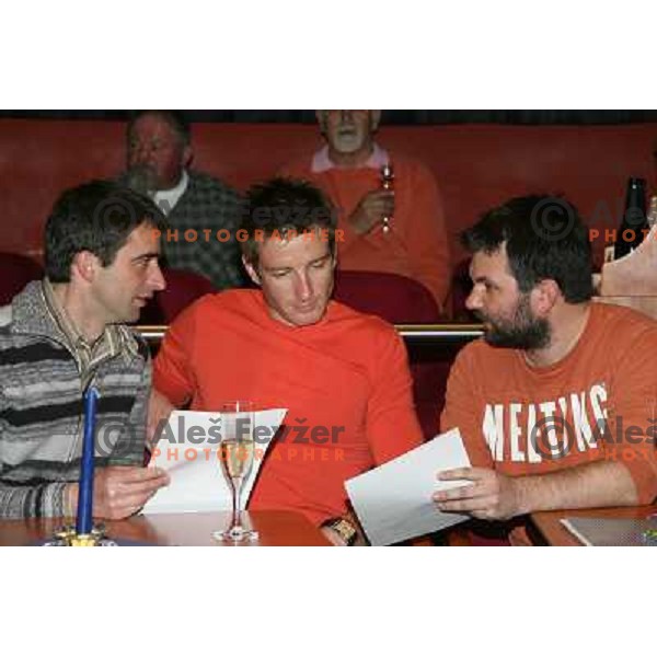 Franci petek, Zimmerman and Ales Smrekar at HIT Ski Legends Race draw of starting numbers and party in Kranjska gora, Slovenia on March 24, 2006