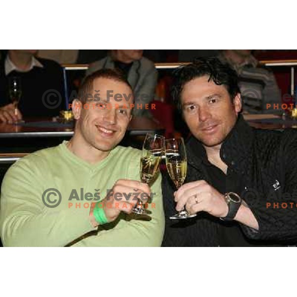 Alenka Ruzic, Jure Kosir and Christian Mayer at HIT Ski Legends Race draw of starting numbers and party in Kranjska Gora, Slovenia on March 24, 2006