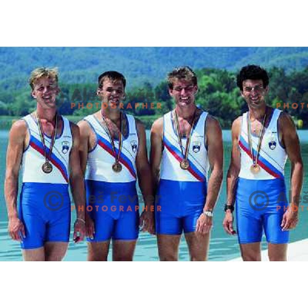 Jani Klemencic, Saso Mirjanic , Milan Jansa, Sadik Mujkic of Slovenia rowing team, winners of bronze medal at Barcelona 1992 Olympic games