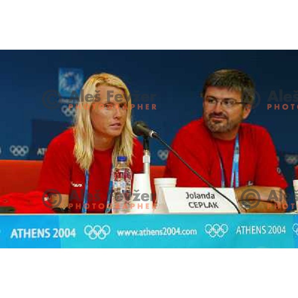Jolanda Ceplak (SLO) and Roman Jakic at press conference before winning bronze medal at 800 meters at Olympic games Athens 2004 
