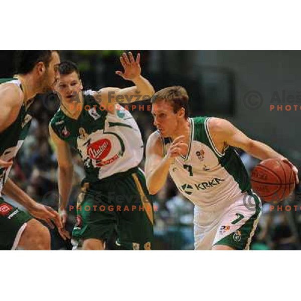 Begic, Klobucar , Petrov at basketball match Krka - Union Olimpija in UPC league, played in Leon Stukel sports hall , Novo Mesto 11.04.2009. Krka lost 62:71 