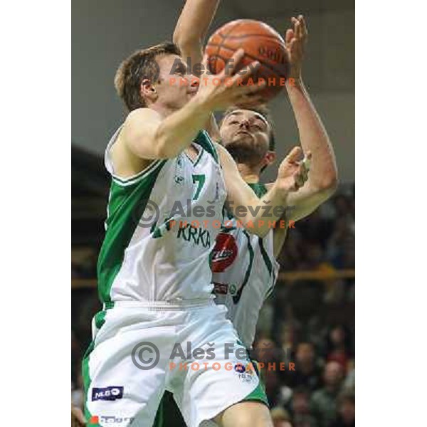 Petrov, Begic at basketball match Krka - Union Olimpija in UPC league, played in Leon Stukel sports hall , Novo Mesto 11.04.2009. Krka lost 62:71 