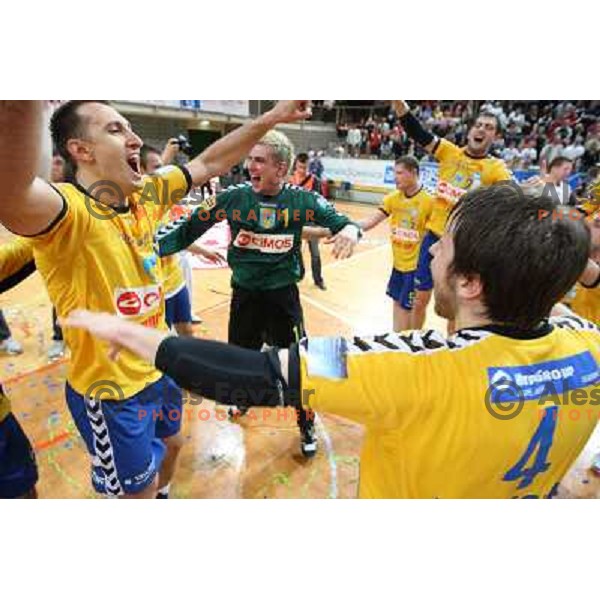 Voncina (1) and RK Cimos Koper players celebrate at handball match Rk Cimos Koper- RK Celje Pivovarna Lasko in Final of Slovenian Cup, played in Bonifika Hall in Koper 19.4.2009. RK Cimos Koper won 24:19 and won the Cup 