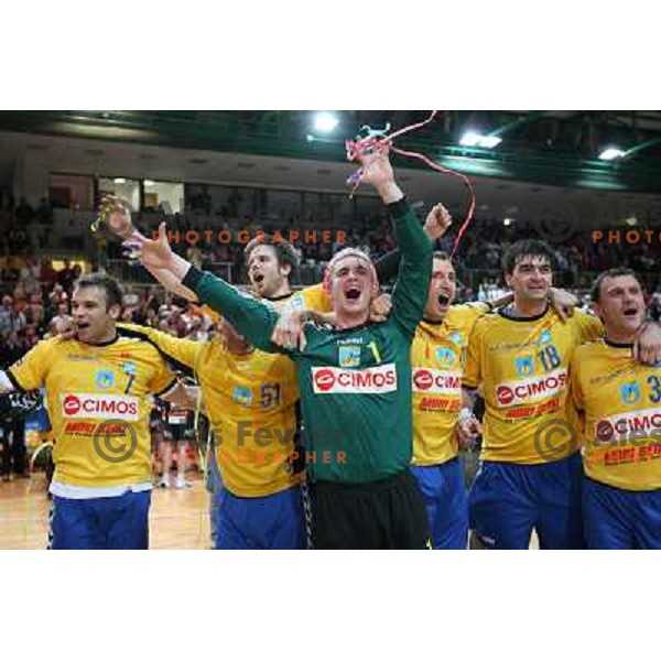 Voncina (1) and RK Cimos Koper players celebrate at handball match Rk Cimos Koper- RK Celje Pivovarna Lasko in Final of Slovenian Cup, played in Bonifika Hall in Koper 19.4.2009. RK Cimos Koper won 24:19 and won the Cup 