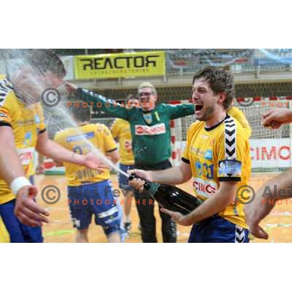 Uros Rapotec and RK Cimos Koper players celebrate at handball match Rk Cimos Koper- RK Celje Pivovarna Lasko in Final of Slovenian Cup, played in Bonifika Hall in Koper 19.4.2009. RK Cimos Koper won 24:19 and won the Cup 