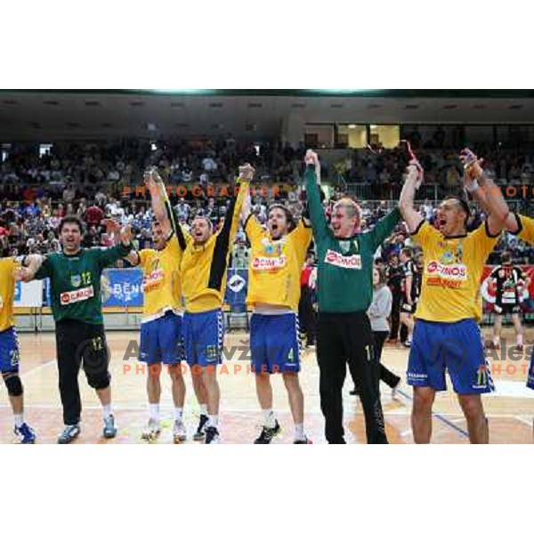 Voncina (1), Stanic (12) and RK Cimos Koper players celebrate at handball match Rk Cimos Koper- RK Celje Pivovarna Lasko in Final of Slovenian Cup, played in Bonifika Hall in Koper 19.4.2009. RK Cimos Koper won 24:19 and won the Cup 