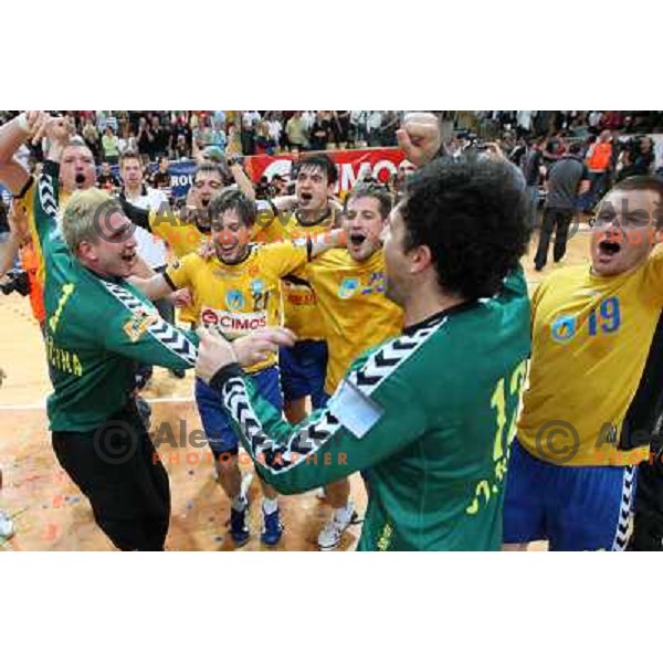 Voncina (1), Stanic (12) and RK Cimos Koper players celebrate at handball match Rk Cimos Koper- RK Celje Pivovarna Lasko in Final of Slovenian Cup, played in Bonifika Hall in Koper 19.4.2009. RK Cimos Koper won 24:19 and won the Cup 