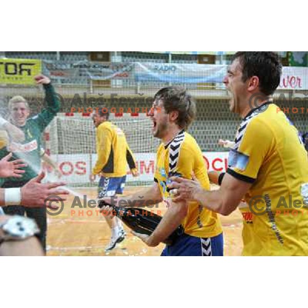 Uros Rapotec and RK Cimos Koper players celebrate at handball match Rk Cimos Koper- RK Celje Pivovarna Lasko in Final of Slovenian Cup, played in Bonifika Hall in Koper 19.4.2009. RK Cimos Koper won 24:19 and won the Cup 