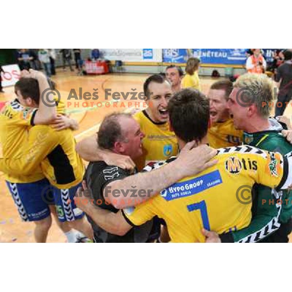 Voncina (1) and RK Cimos Koper players celebrate at handball match Rk Cimos Koper- RK Celje Pivovarna Lasko in Final of Slovenian Cup, played in Bonifika Hall in Koper 19.4.2009. RK Cimos Koper won 24:19 and won the Cup 