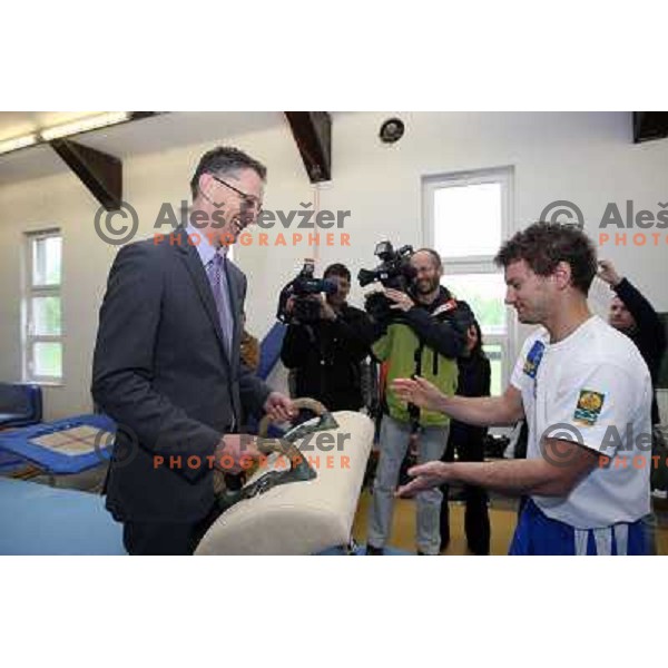  Igor Luksic, minister of Sport and Education and MItja Petkovsek at old gym in Ljubljana, Slovenia 21.4.2009 