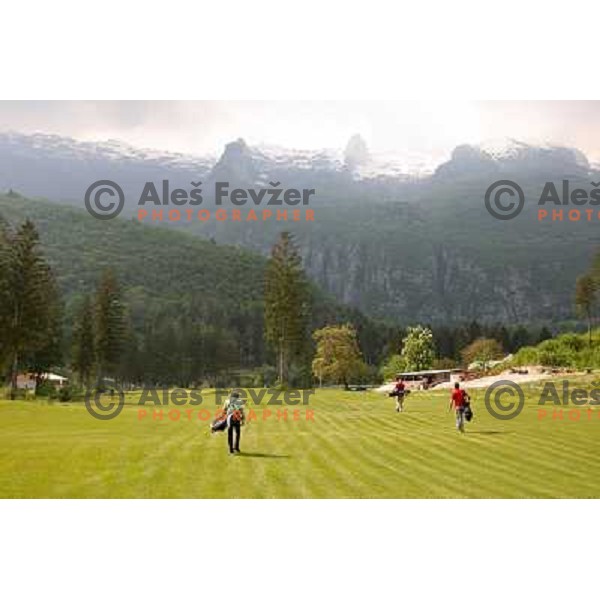 Walking down of ninth fairway at Grand Opening of Hit Holidays golf club Bovec 8.5.2009. VIP golf tournament with 9 holes (1115 meters, par 28 ) at Kanin ski resort and 9 holes at golf course Bovec (3012 meters, par 36) 