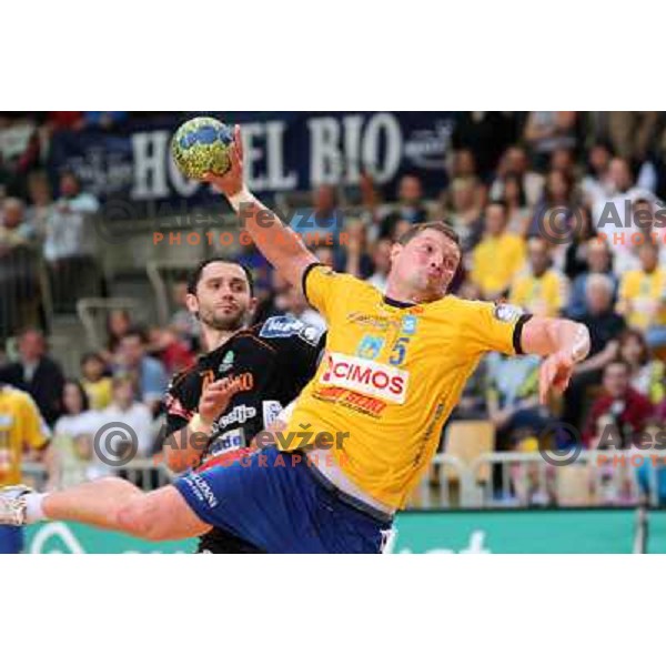 Rok Praznik of Cimos Koper and Alem Toskic of Celje PL at handball match Cimos Koper- Celje Pivovarna Lasko in the final of Slovenian Cup, played in Bonifika hall, Koper 19.4.2009. Cimos Koper won 24:19 