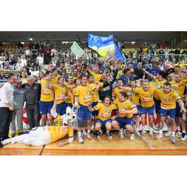 Nejc Poklar , Damir Doborac, Robert Konecnik of Cimos Koper at handball match Cimos Koper- Celje Pivovarna Lasko in the final of Slovenian Cup, played in Bonifika hall, Koper 19.4.2009. Cimos Koper won 24:19 