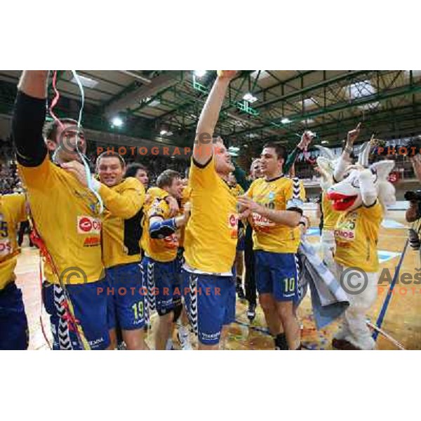 Nejc Poklar , Damir Doborac, Robert Konecnik of Cimos Koper at handball match Cimos Koper- Celje Pivovarna Lasko in the final of Slovenian Cup, played in Bonifika hall, Koper 19.4.2009. Cimos Koper won 24:19 