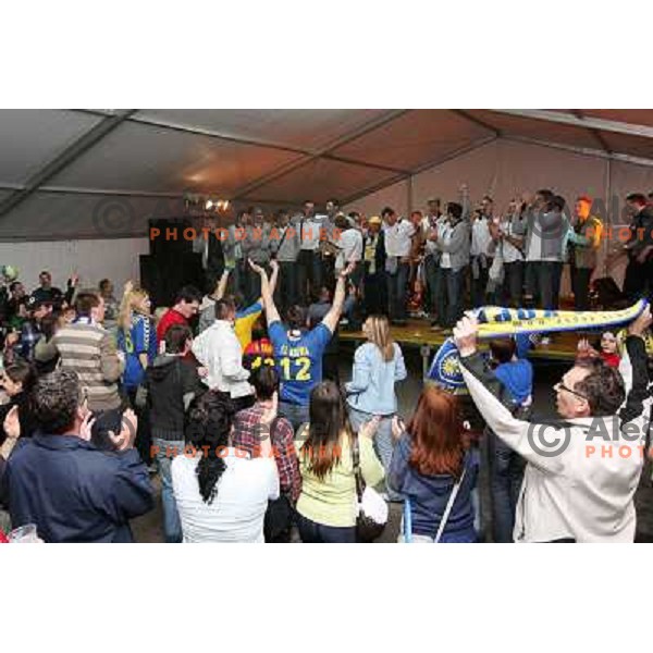 RK Cimos Koper players celebrate victory at slovenian handball Cup final in Koper 19.4.2009. They won 24:19 against Celje Pivovarna Lasko 
