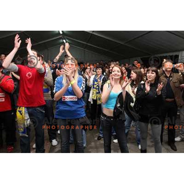 Fans and RK Cimos Koper players celebrate victory at slovenian handball Cup final in Koper 19.4.2009. They won 24:19 against Celje Pivovarna Lasko 
