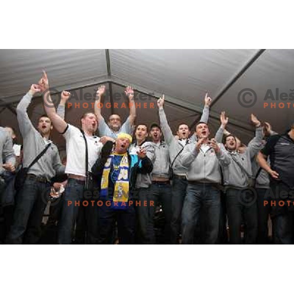 Rok Praznik,Zoran Jovicic and RK Cimos Koper players celebrate victory at slovenian handball Cup final in Koper 19.4.2009. They won 24:19 against Celje Pivovarna Lasko 