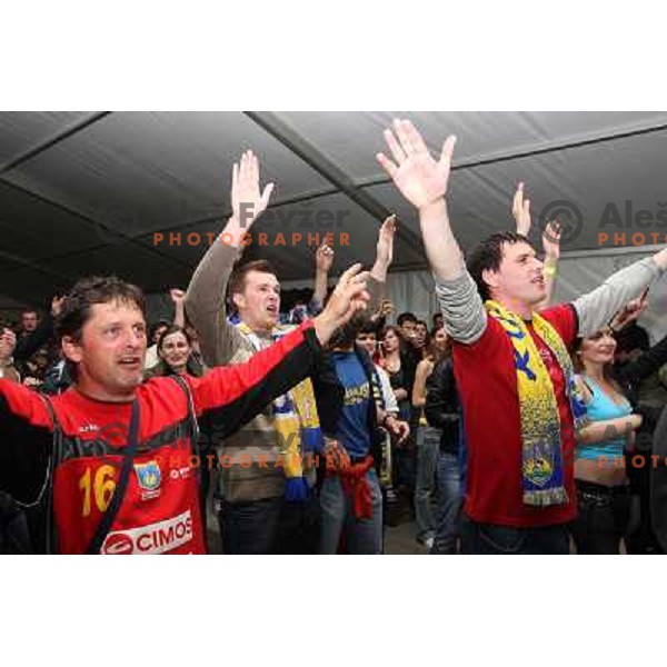 Fans and RK Cimos Koper players celebrate victory at slovenian handball Cup final in Koper 19.4.2009. They won 24:19 against Celje Pivovarna Lasko 
