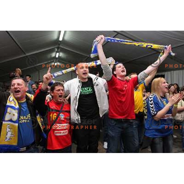 Fans and RK Cimos Koper players celebrate victory at slovenian handball Cup final in Koper 19.4.2009. They won 24:19 against Celje Pivovarna Lasko 