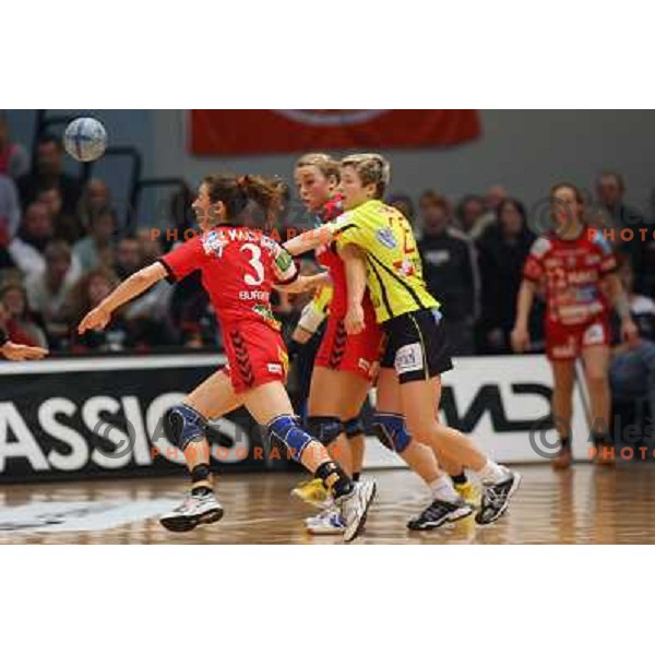 action during Handball Champions league women match betwwen Aalborg (DEN) and Krim Mercator (SLO) in Aalborg, Denmark on April 17, 2006