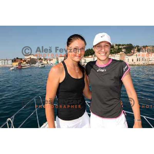 Katarina Srebotnik (SLO) and Dinara Safina (RUS) enjoyed summer sun during visit in Piran, played exhibition match on Tartini square and signed the book on honour in municipality of Piran 