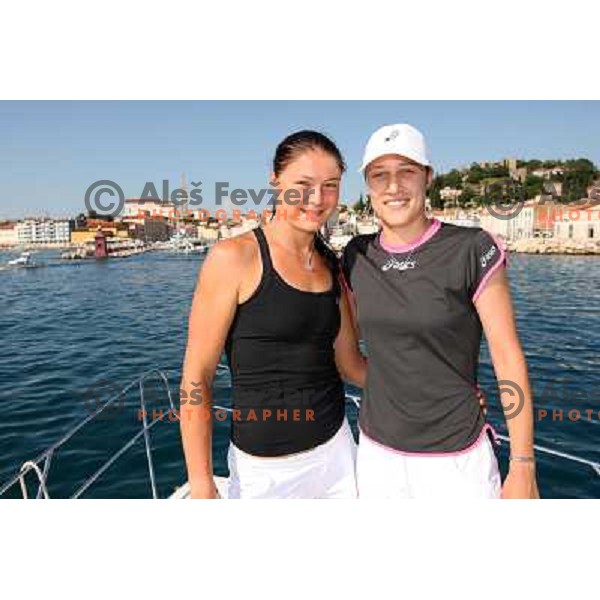 Katarina Srebotnik (SLO) and Dinara Safina (RUS) enjoyed summer sun during visit in Piran, played exhibition match on Tartini square and signed the book on honour in municipality of Piran 